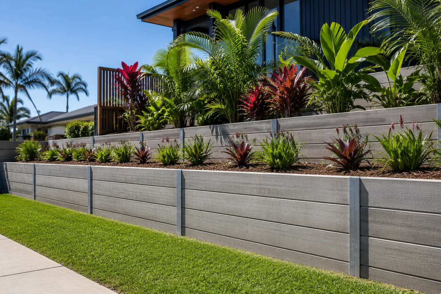 Concrete sleeper retaining wall with steel posts