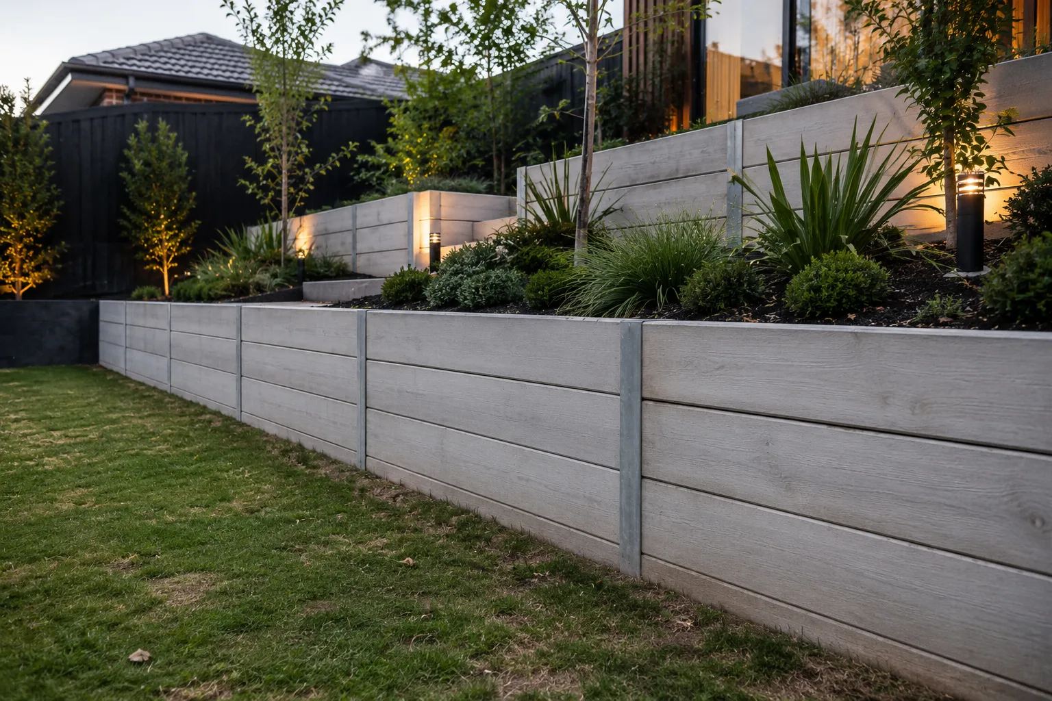 Concrete sleeper wall holding back a sloped lawn