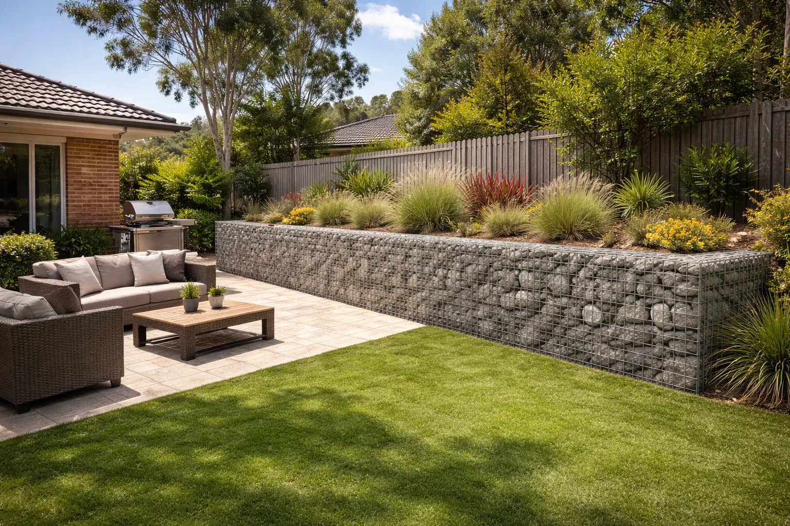 Gabion stone-filled wire cage retaining wall
