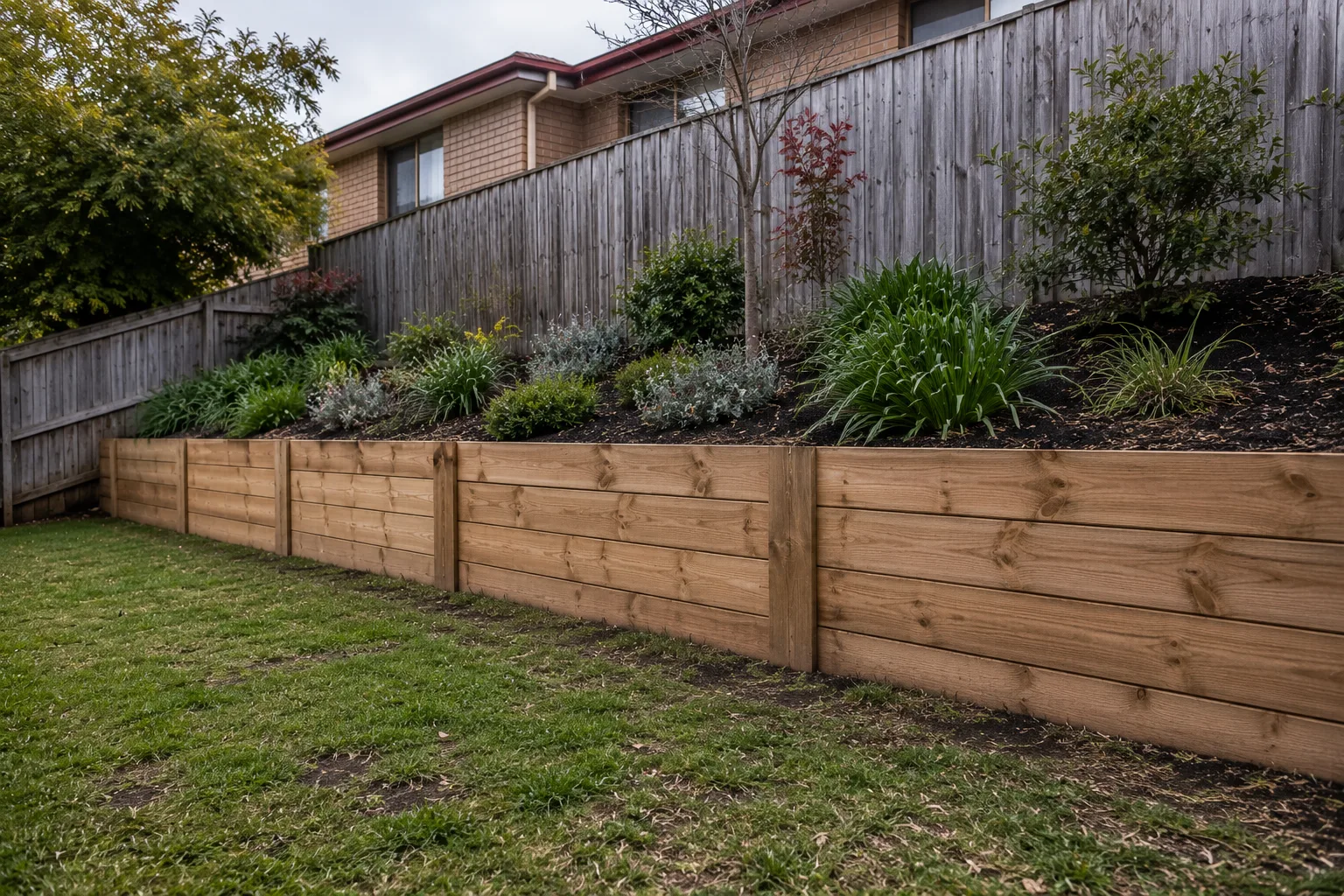 Timber retaining wall along a garden border