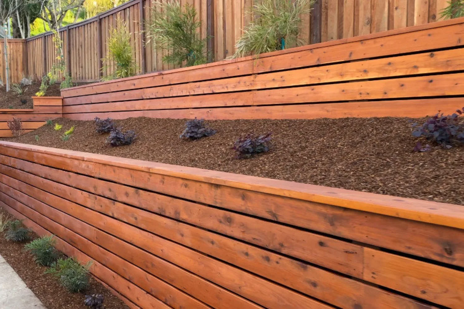 Timber retaining wall in an established Killara garden